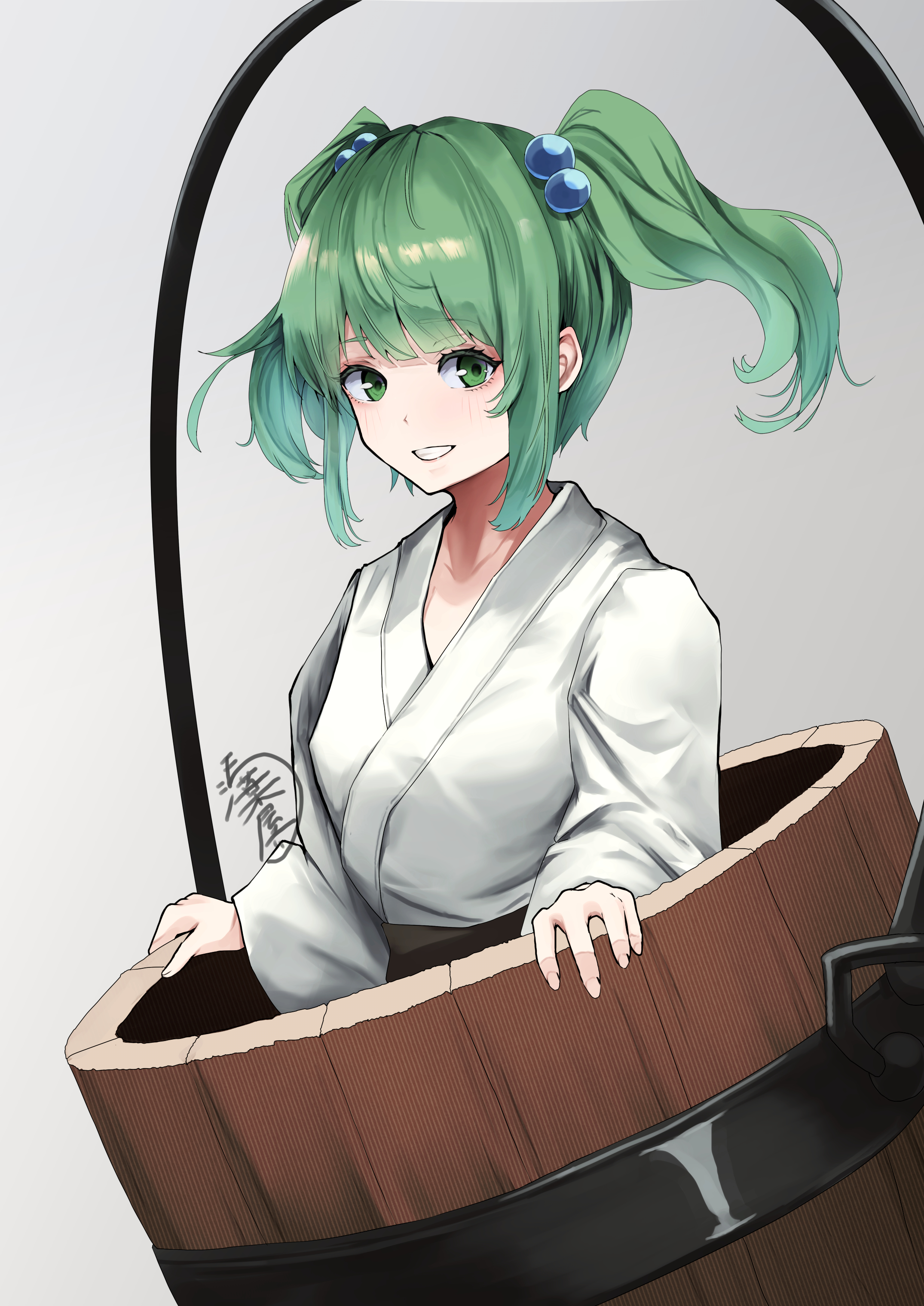 yagoro kusuriya, kisume, touhou, absurdres, commentary request, highres, 1girl, bucket, green eyes, green hair, grey background, hair bobbles, hair ornament, japanese clothes, kimono, long sleeves, looking at viewer, short hair, signature, simple background, smile, solo, two side up, upper body, white kimono