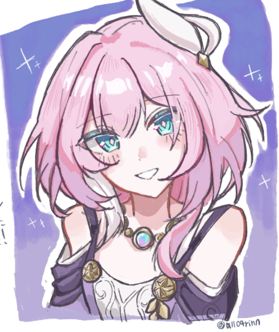 cyrene (honkai: star rail), honkai: star rail, honkai (series), commentary request, highres, 1girl, a1104rinn, bare shoulders, blue eyes, breasts, coat, dress, hair ornament, jewelry, looking at viewer, multicolored hair, necklace, pink hair, purple background, purple coat, short hair, small breasts, smile, solo, two-tone hair, white dress, white hair
