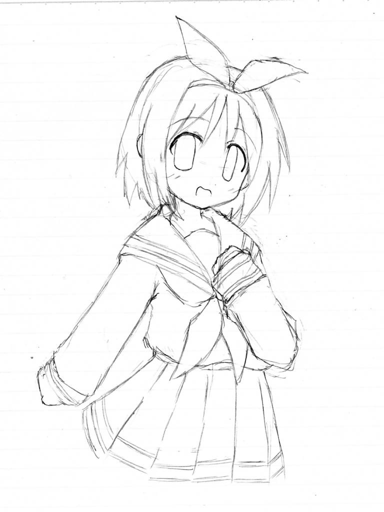 hiiragi tsukasa, lucky star, 00s, monochrome, school uniform, serafuku, sketch