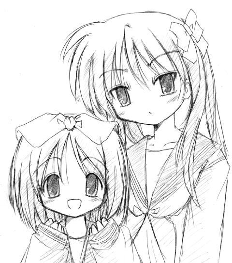 hiiragi kagami, hiiragi tsukasa, lucky star, 00s, 2girls, monochrome, multiple girls, school uniform, serafuku, sisters, sketch, twins