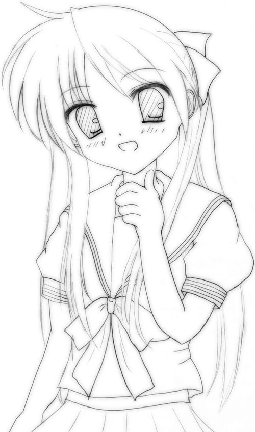 hiiragi kagami, lucky star, 00s, monochrome, school uniform, serafuku, sketch