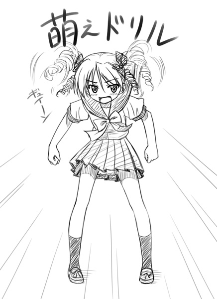 masakichi (crossroad), hiiragi kagami, lucky star, 00s, drill hair, greyscale, monochrome, school uniform, serafuku, sketch, solo