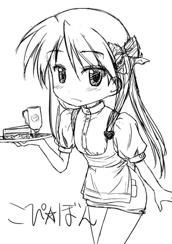 hiiragi kagami, lucky star, lowres, tagme, 00s, apron, monochrome, sketch