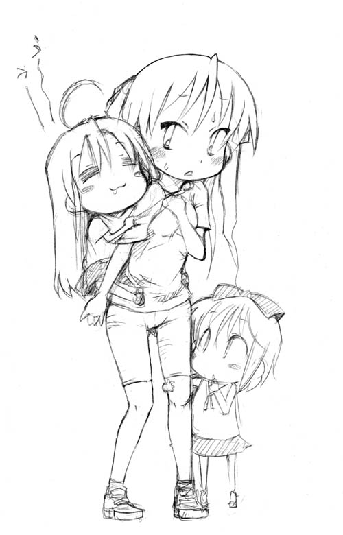 hiiragi kagami, hiiragi tsukasa, izumi konata, lucky star, 00s, 3girls, carrying, child, greyscale, monochrome, multiple girls, piggyback, siblings, sisters, sketch, twins