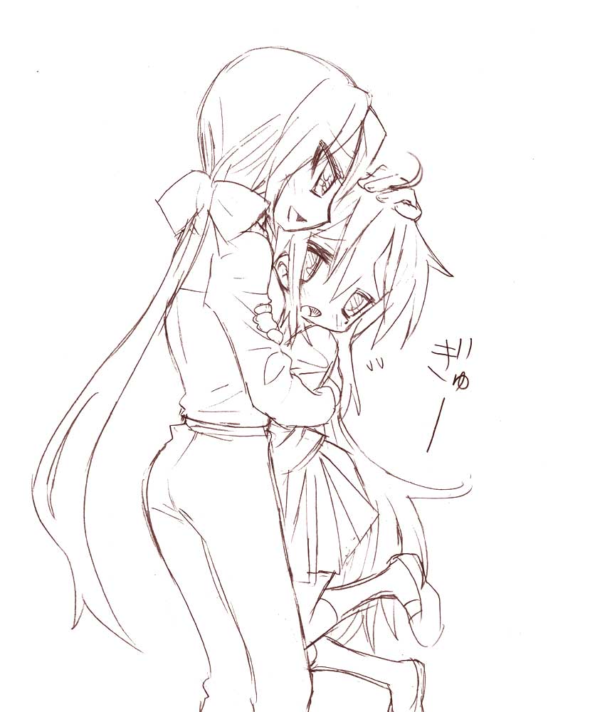 choborau nyopomi, izumi konata, kuroi nanako, lucky star, 00s, 2girls, age difference, ass, blush, child, hug, long hair, mole, mole under eye, monochrome, multiple girls, onee-loli, school uniform, serafuku, sketch, smile, teacher and student, yuri