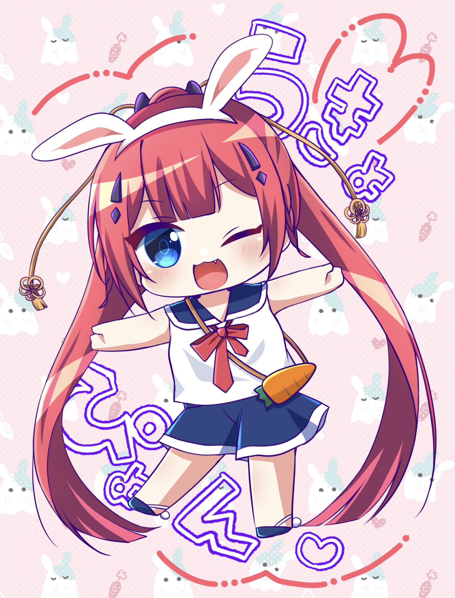 kamiyama shiki, summer pockets, commentary request, highres, 1girl, ;3, ;d, alternate costume, animal ear hairband, animal ears, blue eyes, blue sailor collar, blue skirt, blunt bangs, blunt ends, blush, bow, bowtie, braid, chibi, chibi only, fake animal ears, fang, full body, hair ornament, hairband, hairclip, happy, heart, long hair, looking at viewer, miniskirt, mumusubisan0704, one eye closed, open mouth, outstretched arms, pink background, ponytail, rabbit ears, red bow, red bowtie, red hair, sailor collar, sailor shirt, shirt, sidelocks, simple background, skirt, sleeveless, sleeveless shirt, smile, solo, sound effects, split ponytail, standing, tassel, tassel hair ornament, twin braids, very long hair, white shirt