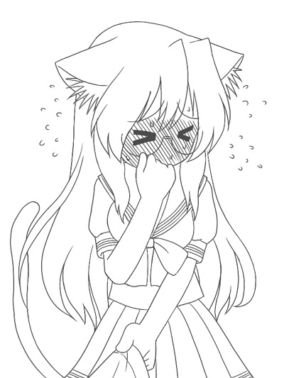 takara miyuki, lucky star, non-web source, > <, 00s, animal ears, blush, cat ears, cat tail, closed eyes, glasses, greyscale, monochrome, school uniform, serafuku, sketch, tail