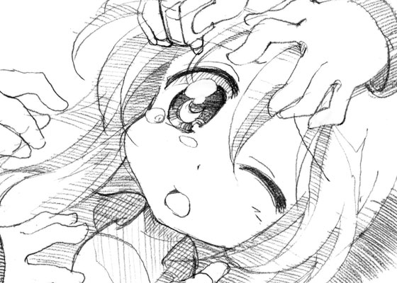 gofu, takara miyuki, lucky star, traditional media, 00s, 1girl, female focus, greyscale, monochrome, sketch, solo