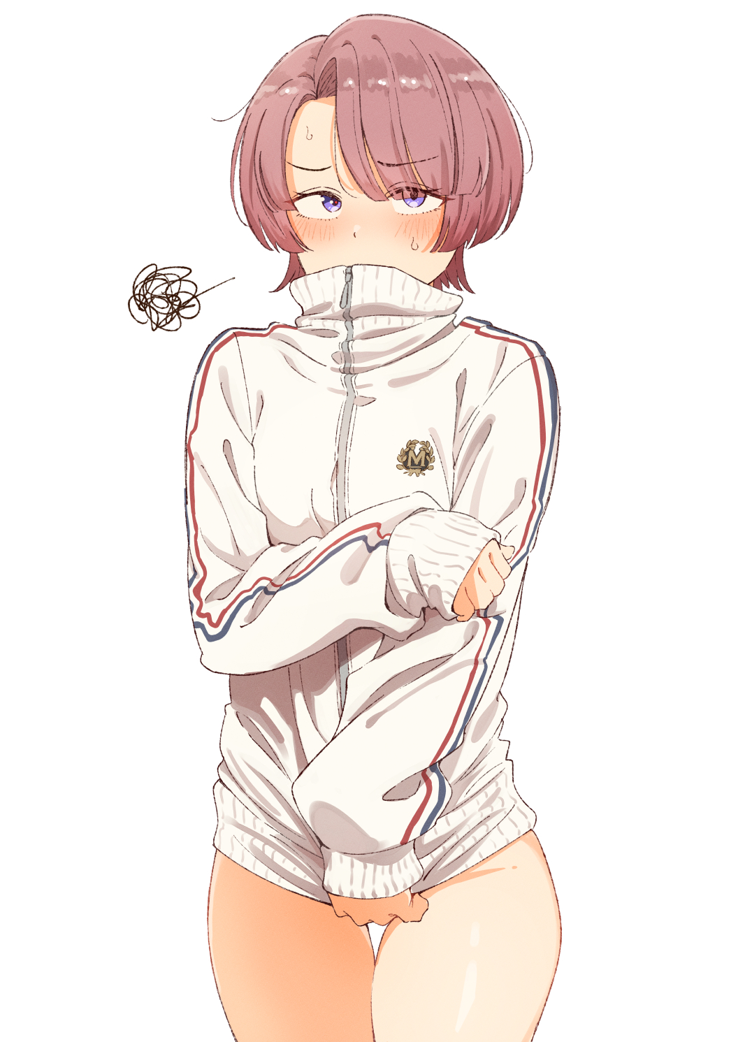 eitopondo, arimura mao, gakuen idolmaster, idolmaster, commentary, highres, 1girl, asymmetrical bangs, blue eyes, breasts, covered mouth, covering crotch, covering privates, cowboy shot, embarrassed, eyes visible through hair, furrowed brow, hair over one eye, jacket, jacket tug, long sleeves, looking at viewer, naked jacket, pink hair, short hair, simple background, sleeves past wrists, small breasts, solo, squiggle, standing, sweatdrop, thigh gap, track jacket, turtleneck, turtleneck jacket, white background, white jacket, zipper, zipper pull tab
