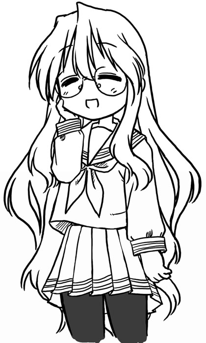 takara miyuki, lucky star, 00s, glasses, monochrome, school uniform, serafuku, sketch