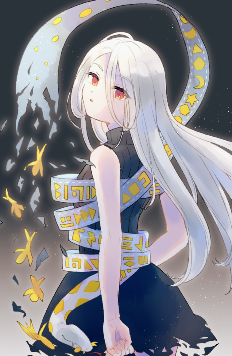 r9nr9, yuiman asama, fossilized wonders, touhou, 1girl, :o, back, bare shoulders, black shirt, black skirt, expressionless, from behind, gradient background, hair between eyes, long bangs, long hair, looking at viewer, looking back, open mouth, red eyes, shirt, skirt, sleeveless, sleeveless shirt, snake, solo, turtleneck, white hair