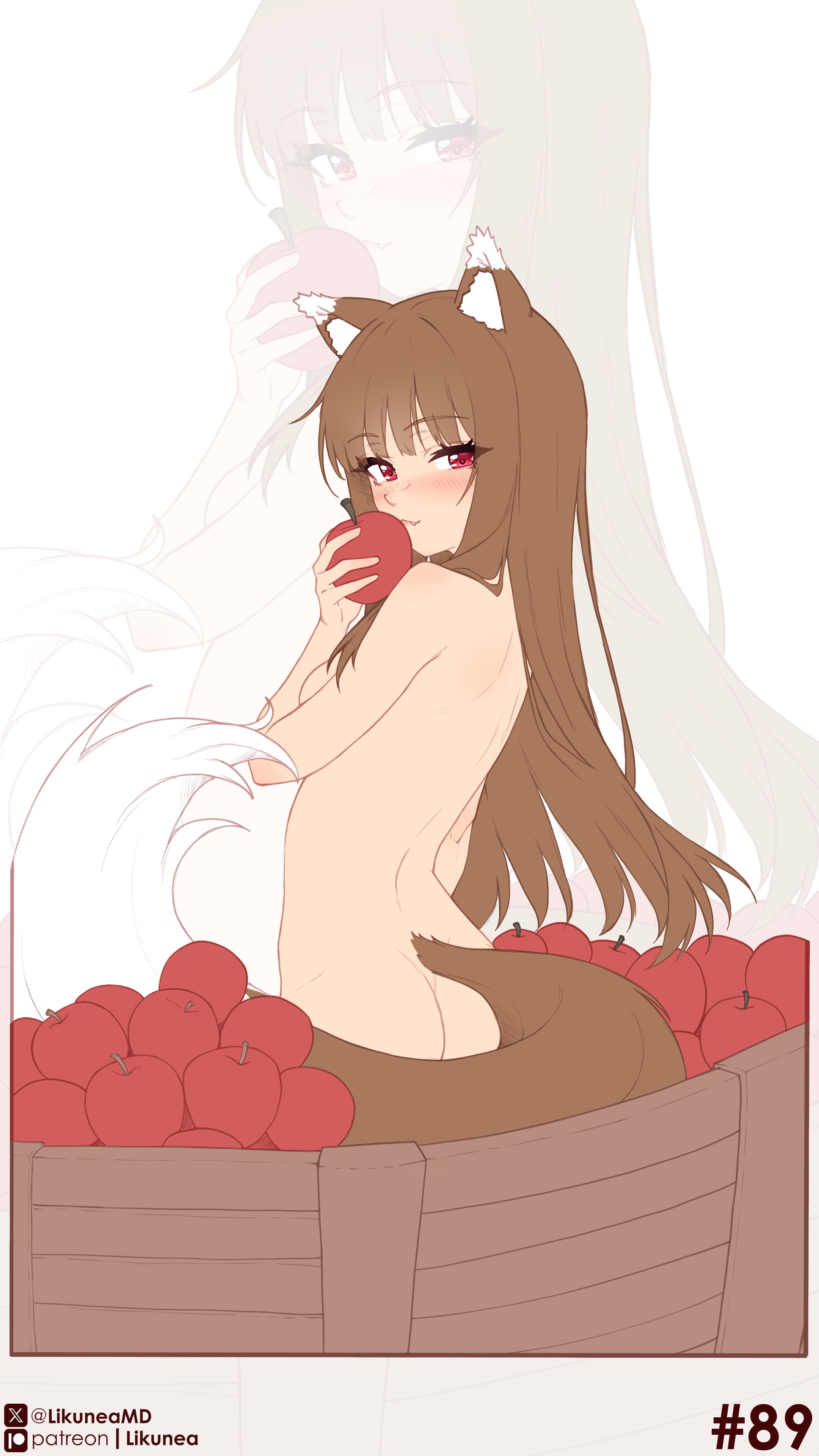 likunea, holo, spice and wolf, absurdres, commentary, english commentary, highres, 1girl, animal ears, apple, ass, back, blush, brown hair, closed mouth, completely nude, food, fruit, holding, holding food, holding fruit, long hair, looking at viewer, nude, patreon logo, patreon username, red eyes, solo, tail, twitter username, twitter x logo, wolf ears, wolf girl, wolf tail, zoom layer