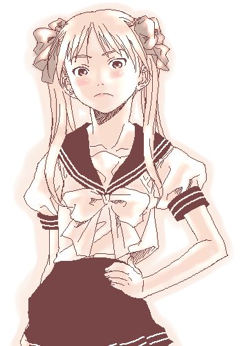 hiiragi kagami, lucky star, lowres, 00s, 1girl, blush, female focus, frown, hand on own hip, monochrome, oekaki, pink theme, school uniform, serafuku, sketch, solo, twintails