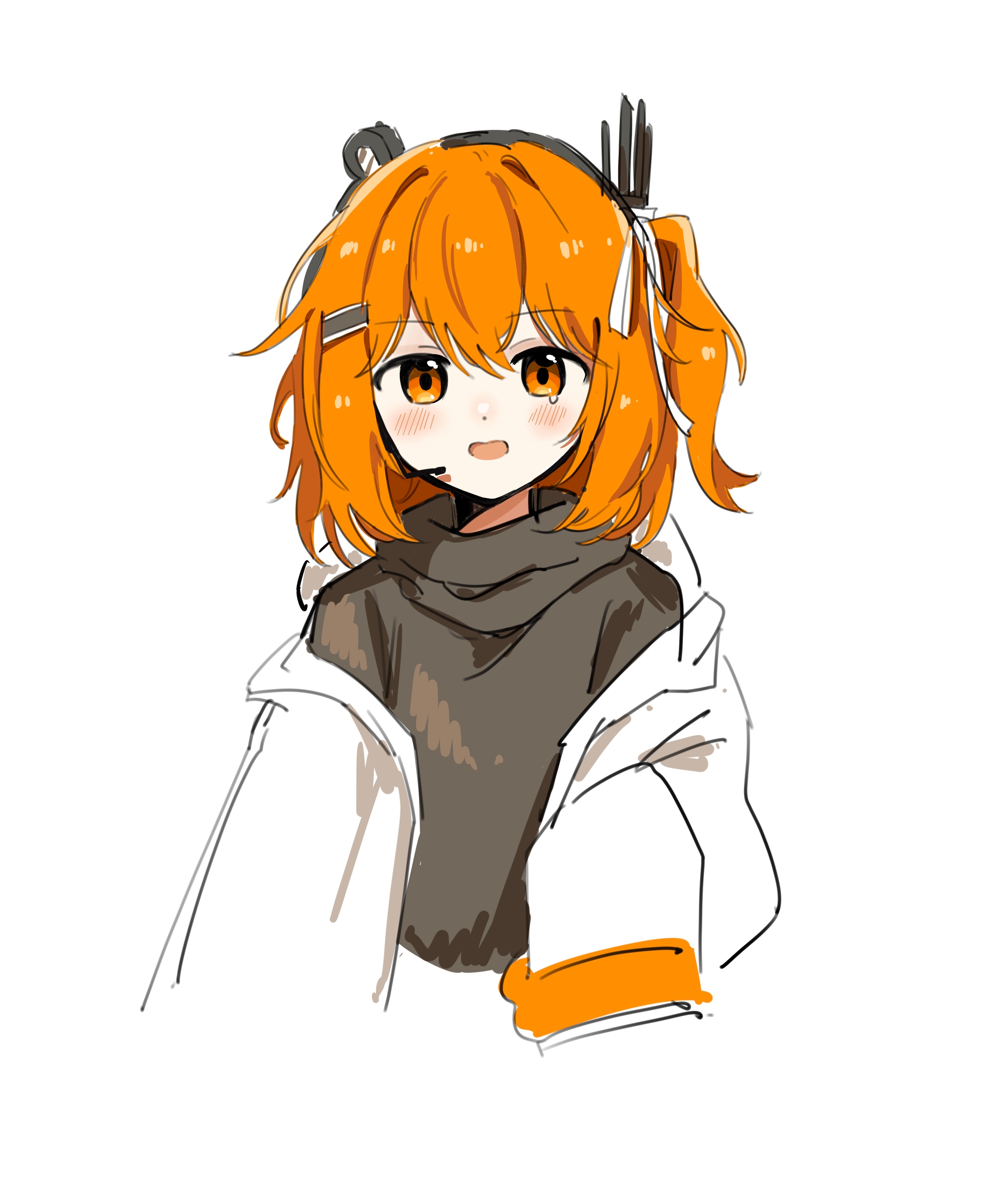 adachi rei, a.i. voice, utau, absurdres, highres, 1girl, black shirt, jacket, looking at viewer, medium hair, one side up, open clothes, open jacket, open mouth, orange eyes, orange hair, shirt, simple background, solo, upper body, white background, white jacket, yuukeiii213