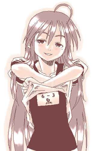 gusu, izumi konata, lucky star, lowres, 00s, 1girl, blush, clothes lift, female focus, mole, mole under eye, monochrome, name tag, naughty face, no pants, oekaki, one-piece swimsuit, outline, pink theme, school swimsuit, school uniform, sepia, serafuku, shirt lift, simple background, sketch, smile, solo, swimsuit, swimsuit under clothes, white background