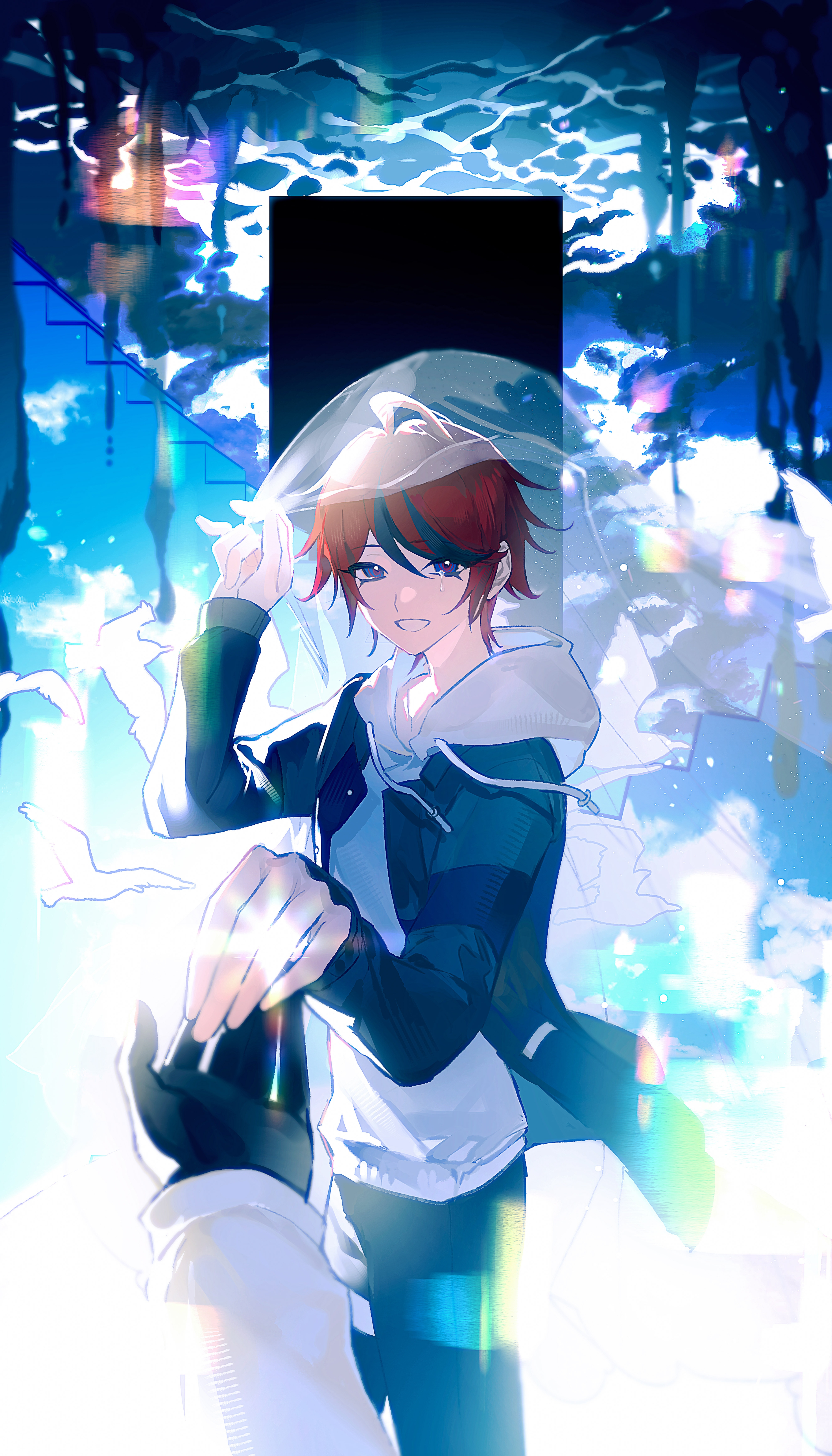 aizendai, aotsuki eito, sumino takumi, the hundred line -last defense academy-, absurdres, chinese commentary, highres, 2boys, ahoge, bird, black gloves, black pants, black streaks, blue eyes, crying, crying with eyes open, gloves, grey jacket, grin, holding hands, holding veil, hood, hoodie, jacket, jacket over hoodie, looking at viewer, male focus, multicolored hair, multiple boys, pants, pov, pov hands, red hair, short hair, smile, stairs, streaked hair, sun glare, tears, veil, water, white hoodie, wind