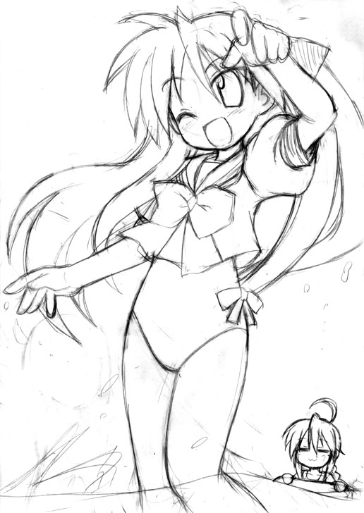 hiiragi kagami, izumi konata, lucky star, 00s, 2girls, ahoge, bow, closed eyes, female focus, monochrome, multiple girls, one-piece swimsuit, one eye closed, school uniform, serafuku, sketch, swimsuit, swimsuit under clothes