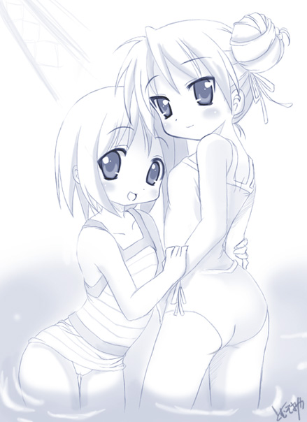 tomusooya, hiiragi kagami, hiiragi tsukasa, lucky star, 00s, 2girls, monochrome, multiple girls, one-piece swimsuit, siblings, sisters, sketch, swimsuit, twins