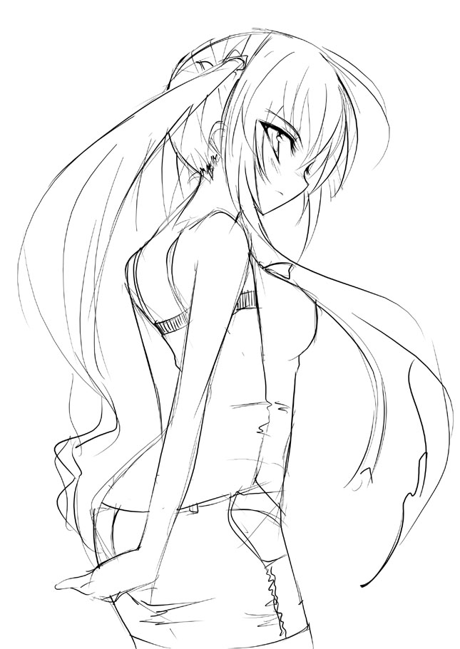 shijou sadafumi, hiiragi kagami, lucky star, 00s, 1girl, female focus, greyscale, long hair, monochrome, simple background, sketch, solo