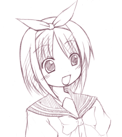 hiiragi tsukasa, lucky star, lowres, 00s, monochrome, school uniform, serafuku, sketch