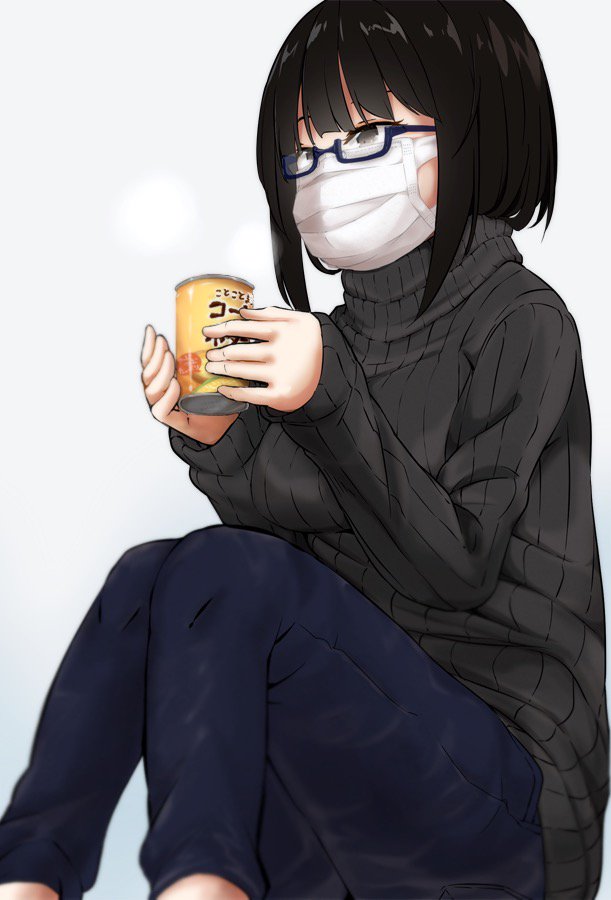 hoojiro (found1093), original, 1girl, black hair, black sweater, blue-framed eyewear, blue background, blue pants, breasts, brown eyes, can, denim, feet out of frame, glasses, gradient background, holding, holding can, jeans, knees up, large breasts, long sleeves, mask, mouth mask, pants, ribbed sweater, semi-rimless eyewear, short hair, sitting, solo, sweater, turtleneck, turtleneck sweater, white background