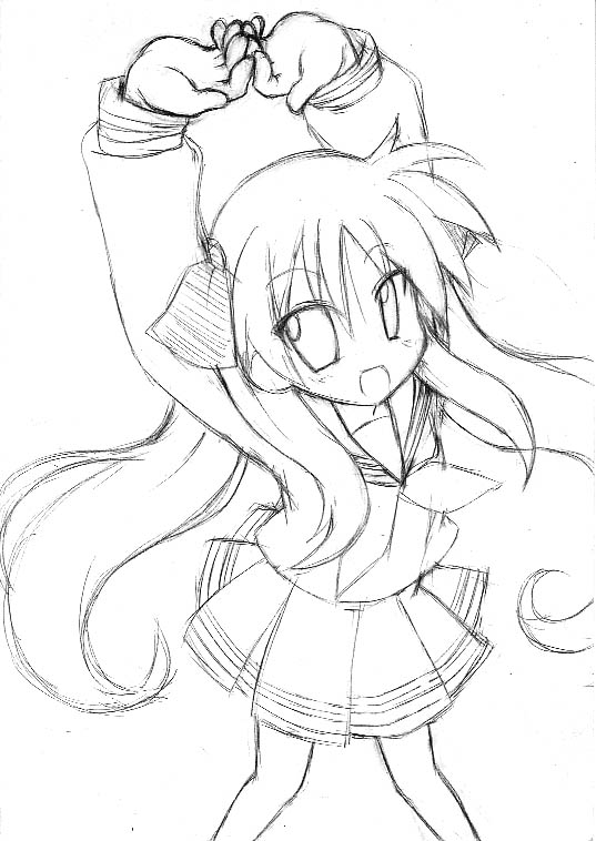 hiiragi kagami, lucky star, 00s, monochrome, school uniform, serafuku, sketch