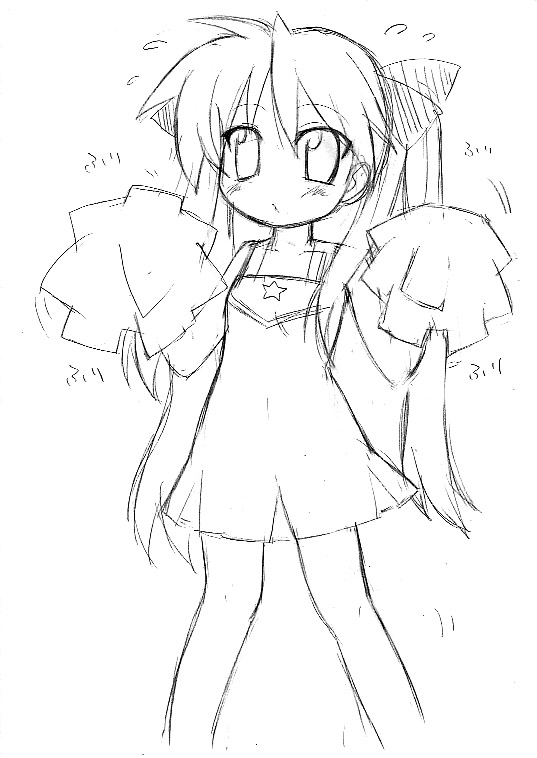 chirorian, hiiragi kagami, lucky star, 00s, cheerleader, greyscale, monochrome, sketch, solo
