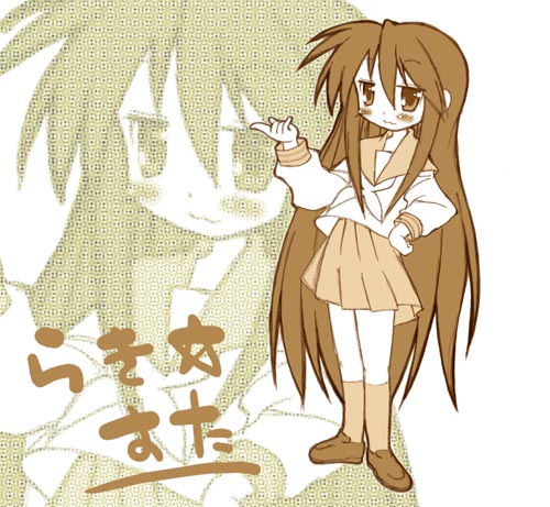izumi konata, lucky star, lowres, 00s, monochrome, school uniform, serafuku, sketch