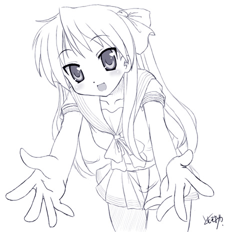 tomusooya, hiiragi kagami, lucky star, lowres, 00s, greyscale, monochrome, school uniform, serafuku, sketch