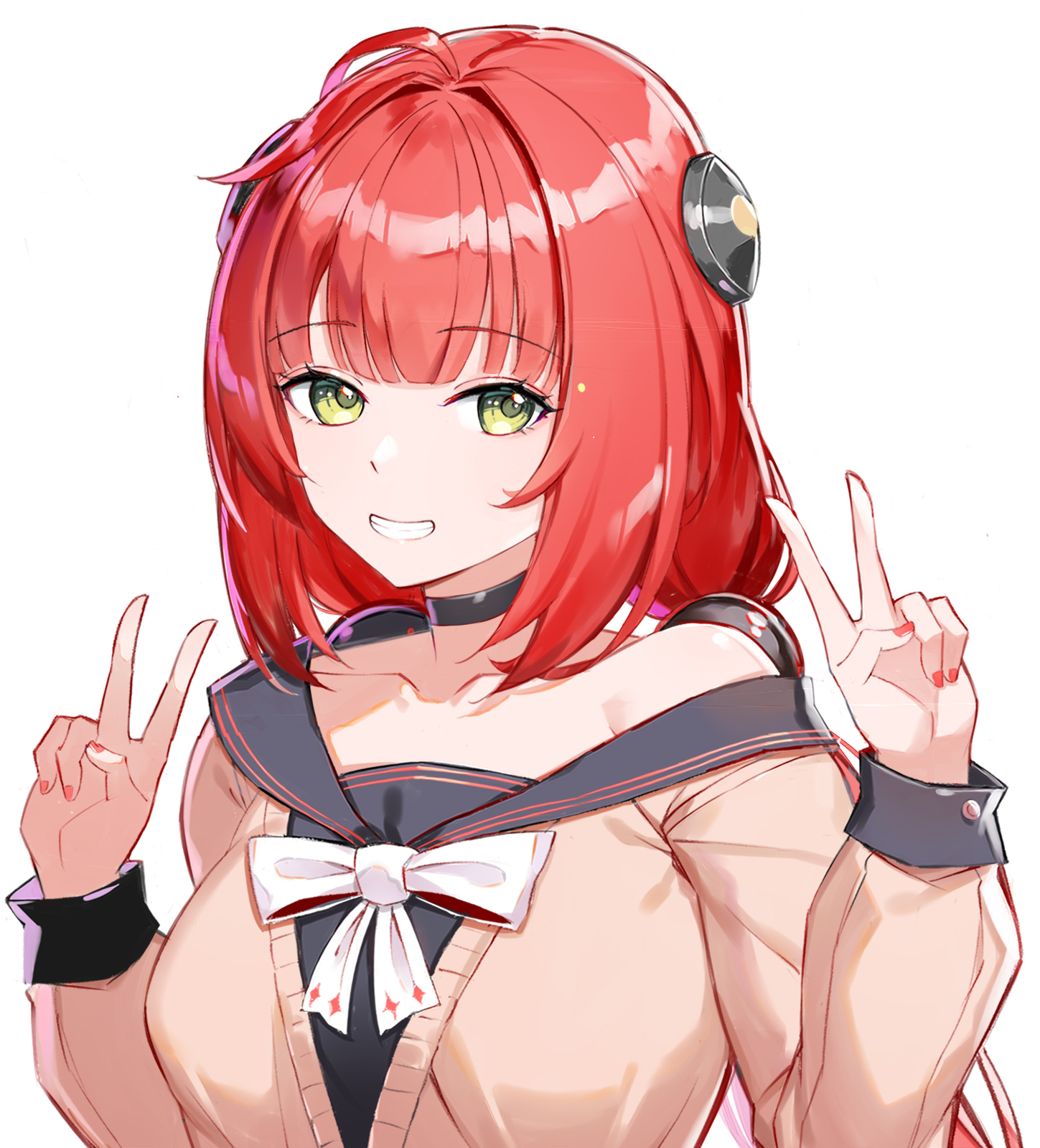 rikoma, ukinami yuzuha, zenless zone zero, commentary request, highres, revision, 1girl, bare shoulders, black choker, black sailor collar, black shirt, blush, bow, breasts, brown cardigan, cardigan, choker, collarbone, double v, green eyes, grin, hair intakes, hands up, long hair, long sleeves, looking at viewer, low twintails, medium breasts, nail polish, off shoulder, puffy long sleeves, puffy sleeves, red hair, red nails, sailor collar, school uniform, serafuku, shirt, simple background, smile, solo, star (symbol), twintails, upper body, v, white background, white bow