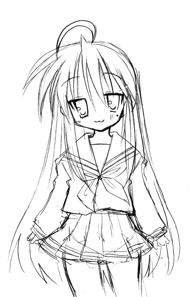 izumi konata, lucky star, 00s, monochrome, school uniform, serafuku, sketch