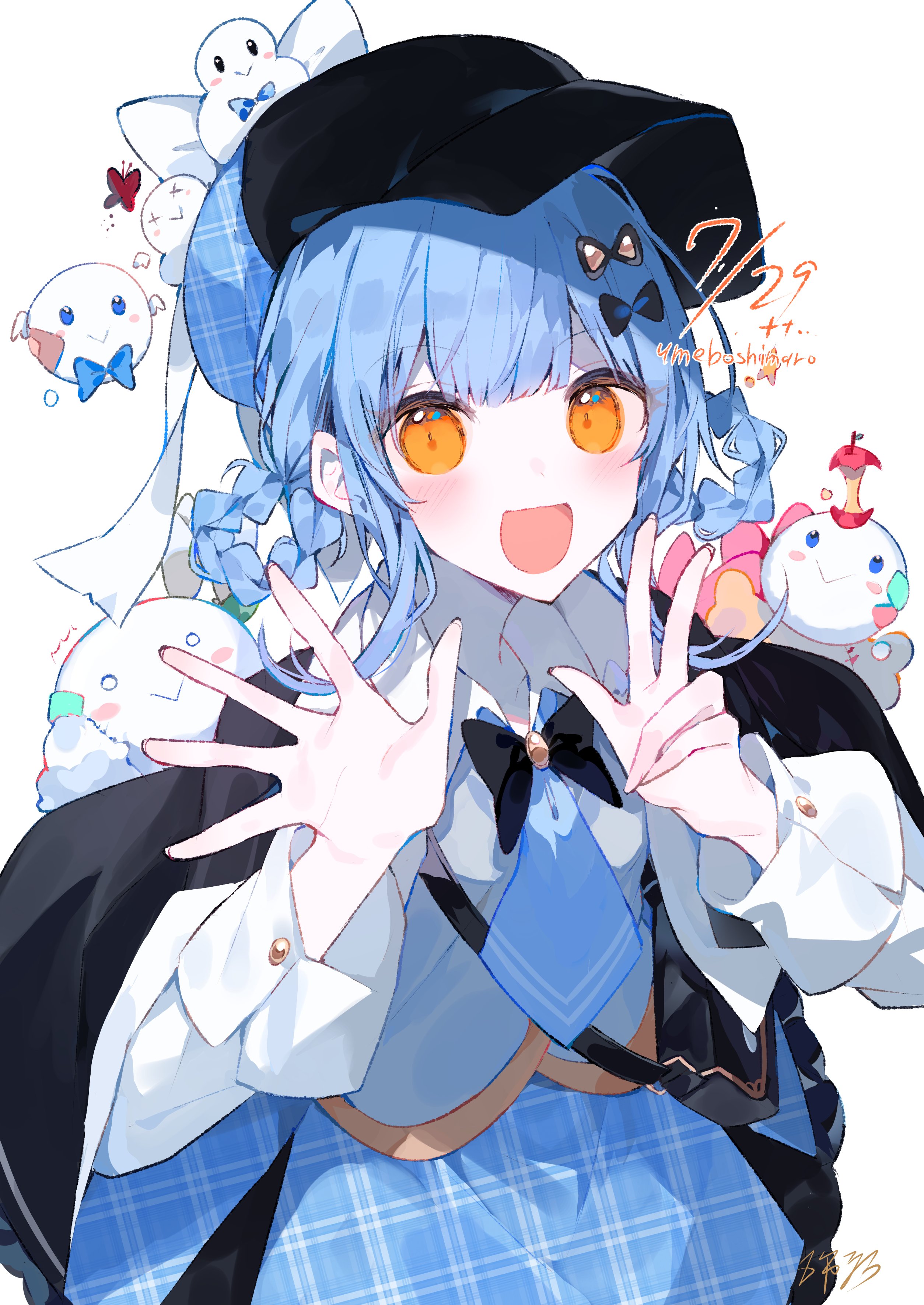 umemaro (siona0908), tachibana sherry, mahou shoujo no majo saiban, absurdres, commentary, highres, apple, apple core, artist name, black bow, black bowtie, black capelet, black hat, blue hair, blue necktie, blue skirt, bow, bowtie, braid, braided hair rings, capelet, deerstalker, detective, food, fruit, hair bow, hair rings, hands up, hat, looking at viewer, magical girl, necktie, open hand, open mouth, plaid clothes, plaid skirt, shirt, skirt, smile, w, white shirt
