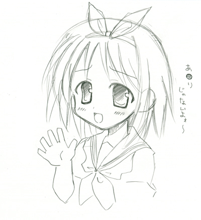hiiragi tsukasa, lucky star, lowres, 00s, 1girl, blush, female focus, monochrome, school uniform, serafuku, short hair, simple background, sketch, smile, solo, white background