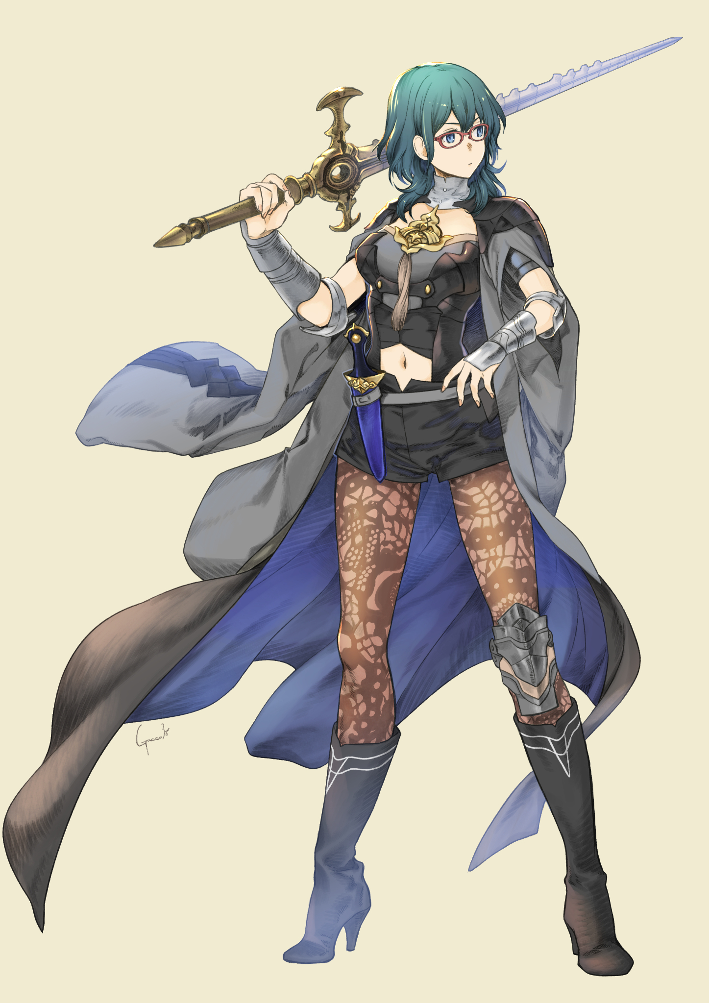 gakko (gacco38), female byleth (fire emblem), fire emblem, fire emblem: three houses, nintendo, highres, 1girl, boots, breasts, cape, closed mouth, clothing cutout, green hair, high heel boots, high heels, long hair, medium breasts, navel cutout, pantyhose, pantyhose under shorts, patterned legwear, print pantyhose, shorts, solo, sword of the creator