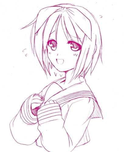 yasakani an, hiiragi tsukasa, lucky star, lowres, 00s, 1girl, female focus, monochrome, purple theme, school uniform, serafuku, sketch, solo