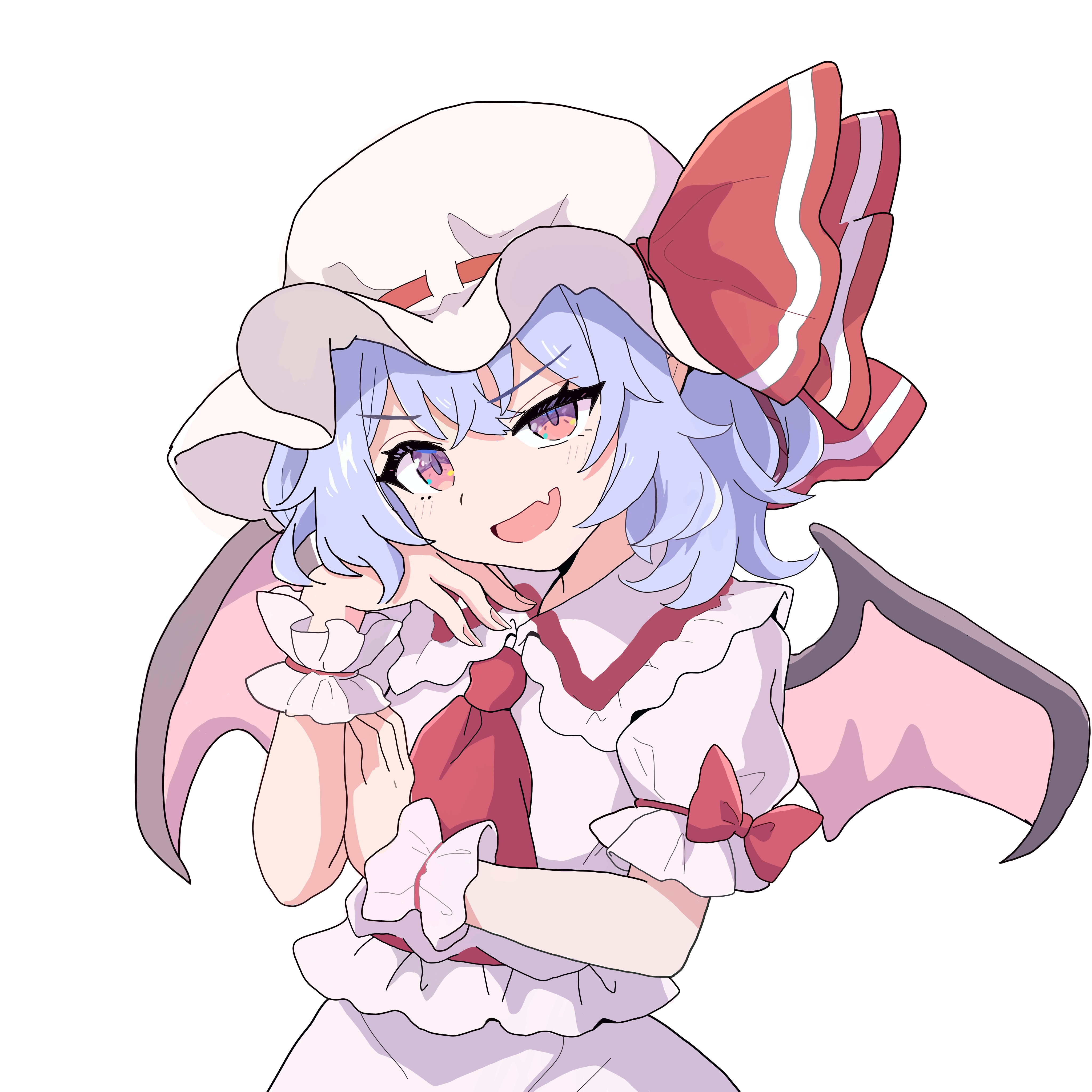 remilia scarlet, touhou, absurdres, highres, 1girl, ascot, bat wings, blush, bow, dark skin, fang, frilled cuffs, frills, hair between eyes, hand on own face, hands up, hat, hat ribbon, medium hair, mob cap, open mouth, puffy short sleeves, puffy sleeves, purple hair, red ascot, red bow, red eyes, red ribbon, ribbon, sailor collar, shirt, short sleeves, simple background, skin fang, skirt, smile, solo, strawroom6276, uneven eyes, white background, white shirt, white skirt, wings, wrist cuffs