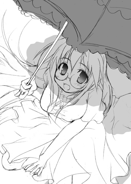 tekehiro, takara miyuki, lucky star, 00s, 1girl, :d, dress, female focus, from above, glasses, greyscale, looking at viewer, looking up, monochrome, open mouth, puffy short sleeves, puffy sleeves, short sleeves, sitting, sketch, smile, solo, umbrella