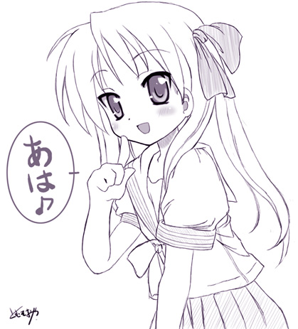 tomusooya, hiiragi kagami, lucky star, lowres, 00s, 1girl, female focus, monochrome, purple theme, school uniform, serafuku, sketch, solo