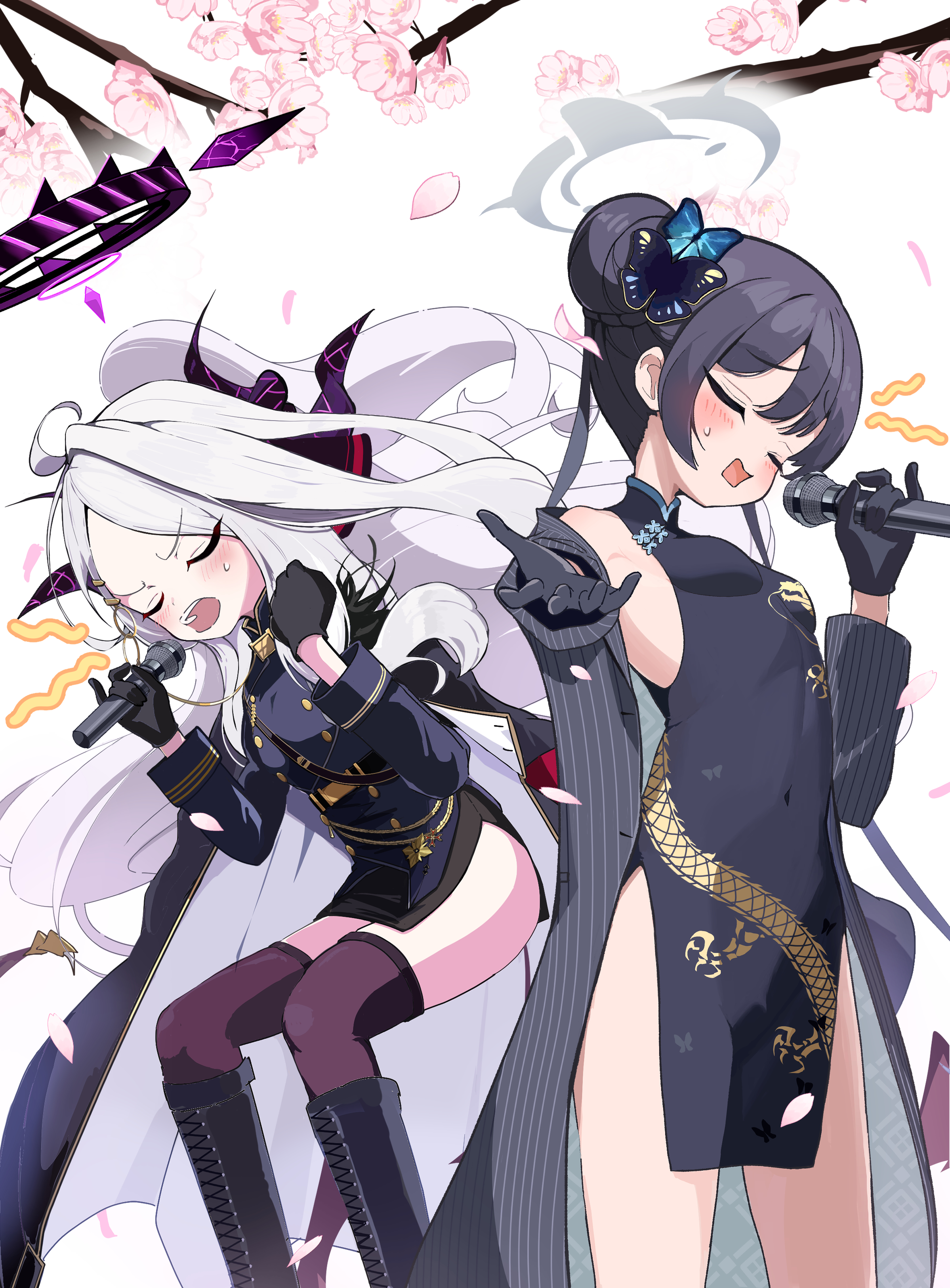 tsetainsu, hina (blue archive), kisaki (blue archive), blue archive, absurdres, check commentary, commentary, commentary request, highres, 2girls, ahoge, belt, black belt, black boots, black coat, black hair, black halo, black thighhighs, blunt bangs, blush, boots, braid, butterfly hair ornament, buttons, cherry blossoms, china dress, chinese clothes, closed eyes, coat, coat on shoulders, cowboy shot, demon girl, demon horns, demon wings, dragon print, dress, falling petals, forehead, gloves, grey halo, hair ornament, hair ribbon, hairclip, half updo, halo, hanami, holding, holding microphone, horns, karaoke, knee boots, leaning forward, long hair, long sleeves, microphone, military uniform, multiple girls, music, open clothes, open coat, outdoors, parted bangs, pencil skirt, petals, pleated skirt, print dress, ribbon, sam browne belt, side slit, sidelocks, simple background, singing, skirt, sleeveless, sleeveless dress, sweatdrop, thighhighs, twin braids, twintails, wavy hair, white background, white hair, wings, wireless microphone, zettai ryouiki