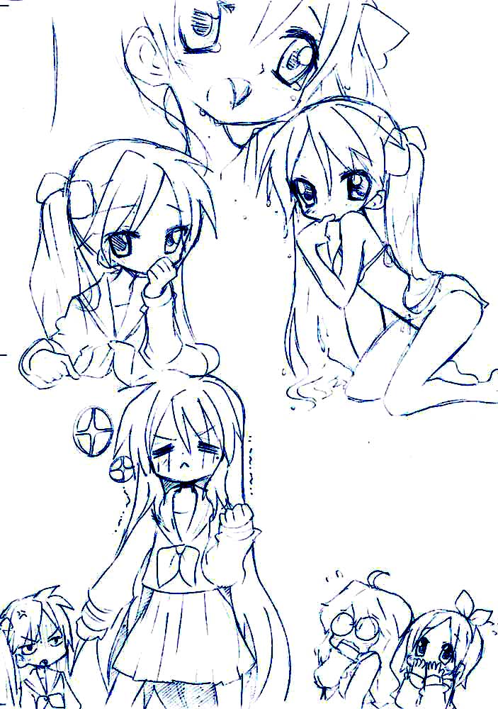 hiiragi kagami, hiiragi tsukasa, izumi konata, takara miyuki, lucky star, 00s, 4girls, glasses, monochrome, multiple girls, school uniform, serafuku, sisters, sketch, swimsuit, twins