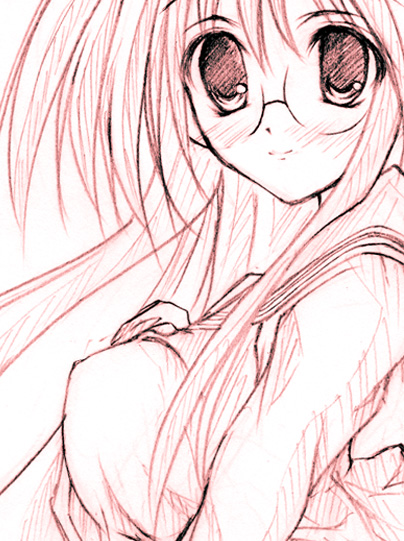 takara miyuki, lucky star, 00s, glasses, monochrome, school uniform, serafuku, sketch