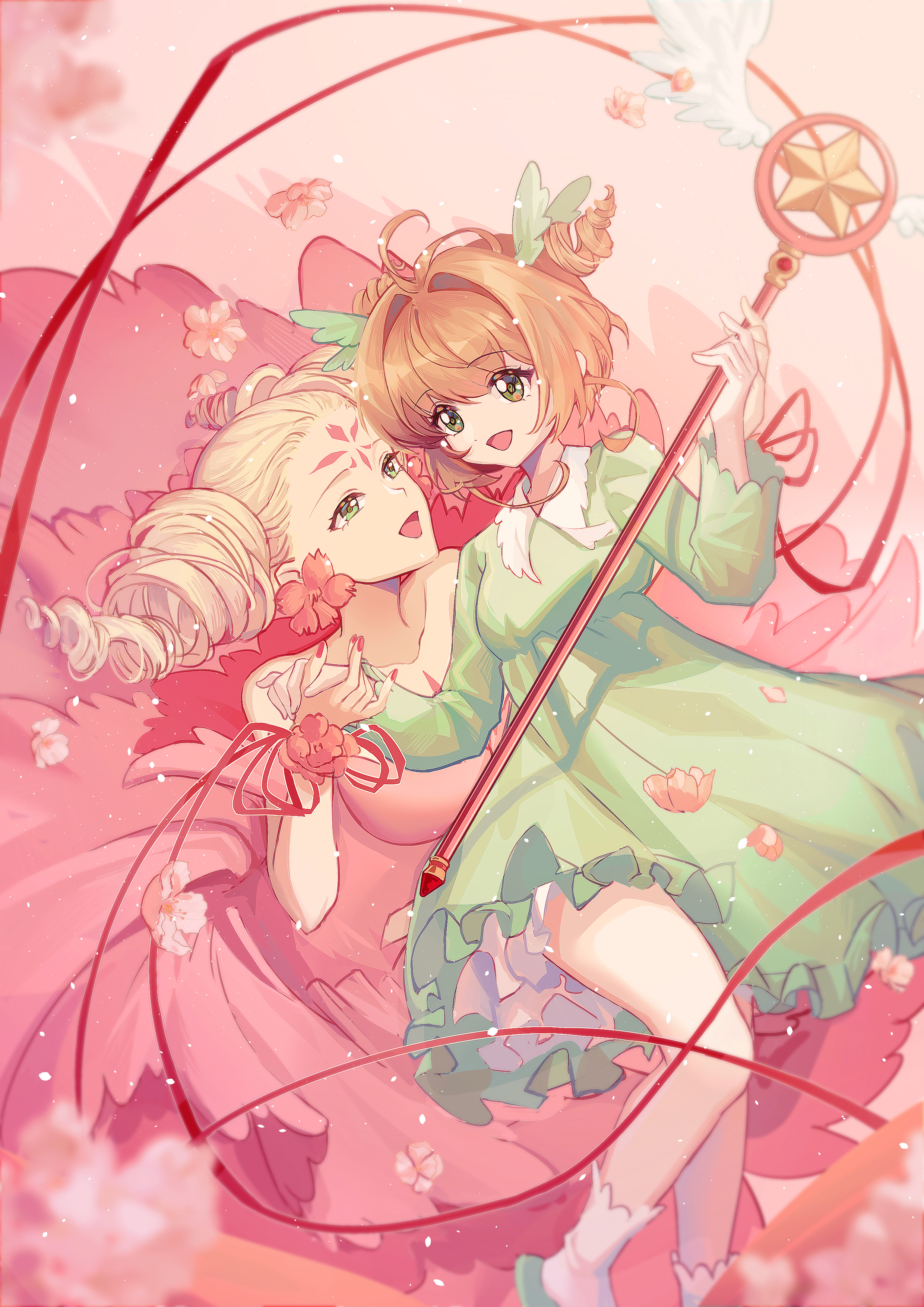 so tsubasa, flower (clow card), kinomoto sakura, cardcaptor sakura, absurdres, highres, 2girls, :d, bare shoulders, blonde hair, brown hair, cherry blossoms, dress, drill hair, facial mark, forehead mark, frilled dress, frills, green dress, green eyes, hair intakes, holding, holding hands, holding wand, hoshi no tsue, long dress, long sleeves, multiple girls, open mouth, petals, pink dress, red ribbon, ribbon, short dress, short hair, smile, socks, strapless, strapless dress, twin drills, wand, white socks, wrist flower