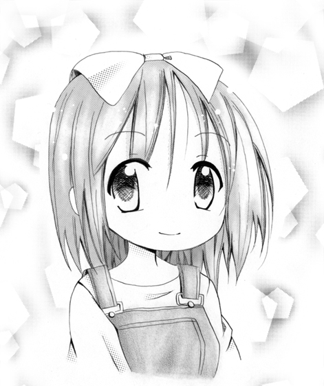 hiiragi tsukasa, lucky star, 00s, 1girl, bow, female focus, hair bow, long sleeves, looking at viewer, monochrome, shirt, short hair, sketch, solo, upper body