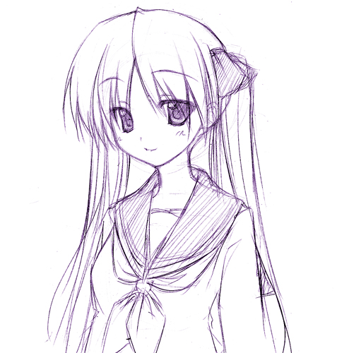 hiiragi kagami, lucky star, lowres, 00s, monochrome, school uniform, serafuku, sketch