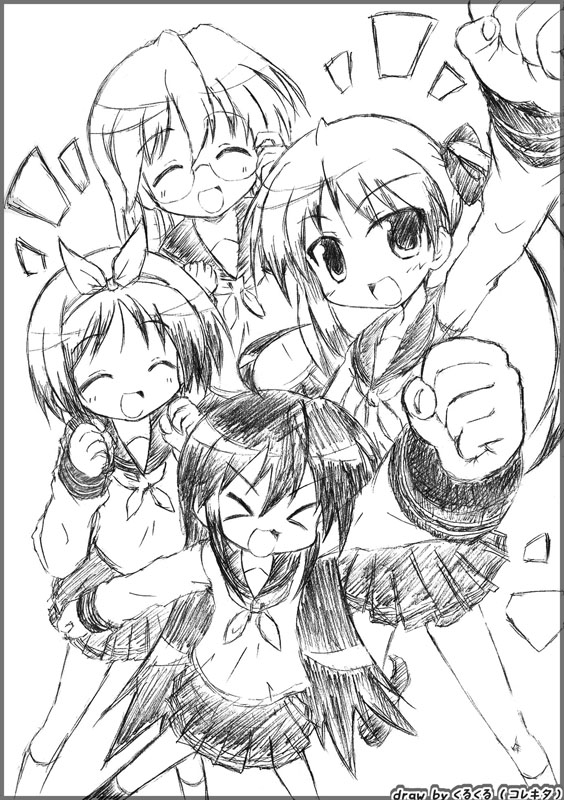 soutou, hiiragi kagami, hiiragi tsukasa, izumi konata, takara miyuki, lucky star, 00s, 4girls, greyscale, monochrome, multiple girls, school uniform, serafuku, siblings, sisters, sketch, twins
