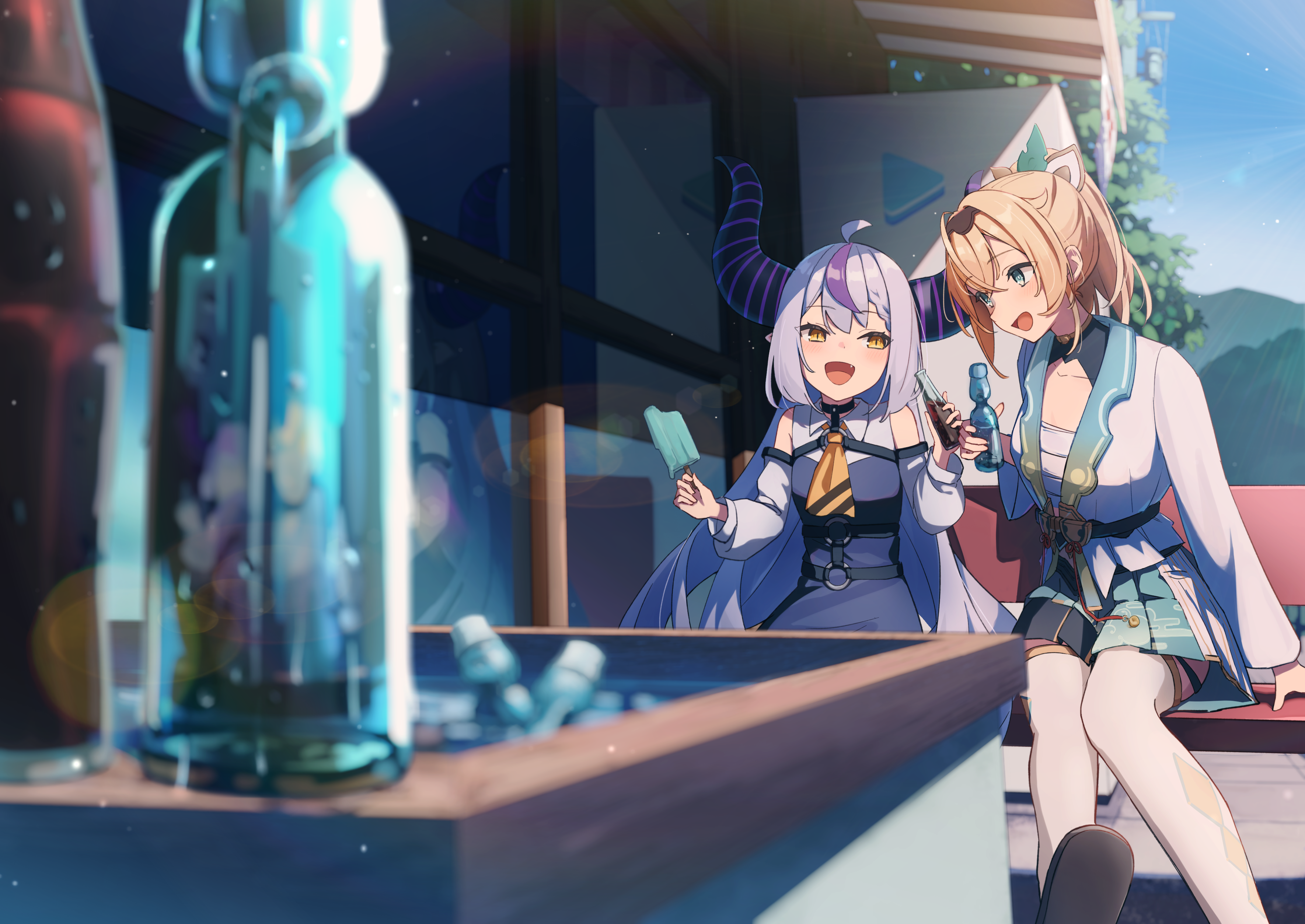 oki no fuji, kazama iroha, kazama iroha (1st costume), la+ darknesss, la+ darknesss (1st costume), hololive, absurdres, commentary, highres, 2girls, adapted costume, ahoge, aqua eyes, ascot, black choker, black hairband, black horns, black shoes, blonde hair, blurry, blurry foreground, blush, bottle, braid, braided bangs, breasts, chest harness, chest sarashi, choker, crossed bangs, day, demon horns, detached sleeves, fang, food, foot out of frame, green skirt, grey hair, hair ornament, hairband, haori, harness, holding, holding bottle, holding food, holding popsicle, horns, jacket, japanese clothes, large horns, leaf hair ornament, lens flare, long hair, looking at another, medium hair, miniskirt, multicolored hair, multicolored horns, multiple girls, o-ring, open mouth, outdoors, pleated skirt, pointy ears, ponytail, popsicle, purple hair, purple horns, ramune, sarashi, shoes, sitting, skirt, slit pupils, small breasts, smile, streaked hair, striped horns, thighhighs, two-tone hair, two-tone horns, virtual youtuber, white jacket, white thighhighs, yellow ascot, yellow eyes