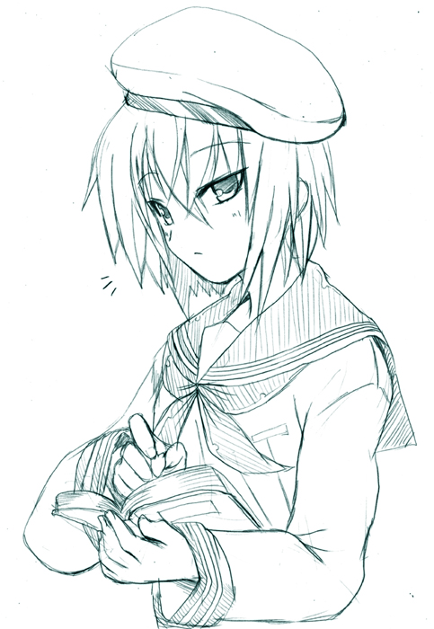 yasakani an, iwasaki minami, lucky star, 00s, 1girl, aqua theme, book, female focus, green theme, hat, monochrome, school uniform, serafuku, sketch, solo