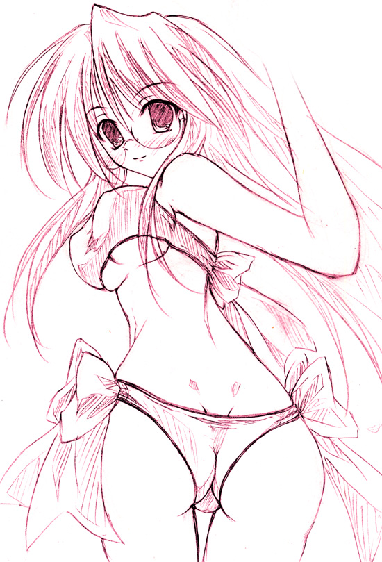 takara miyuki, lucky star, 00s, glasses, monochrome, sketch, swimsuit