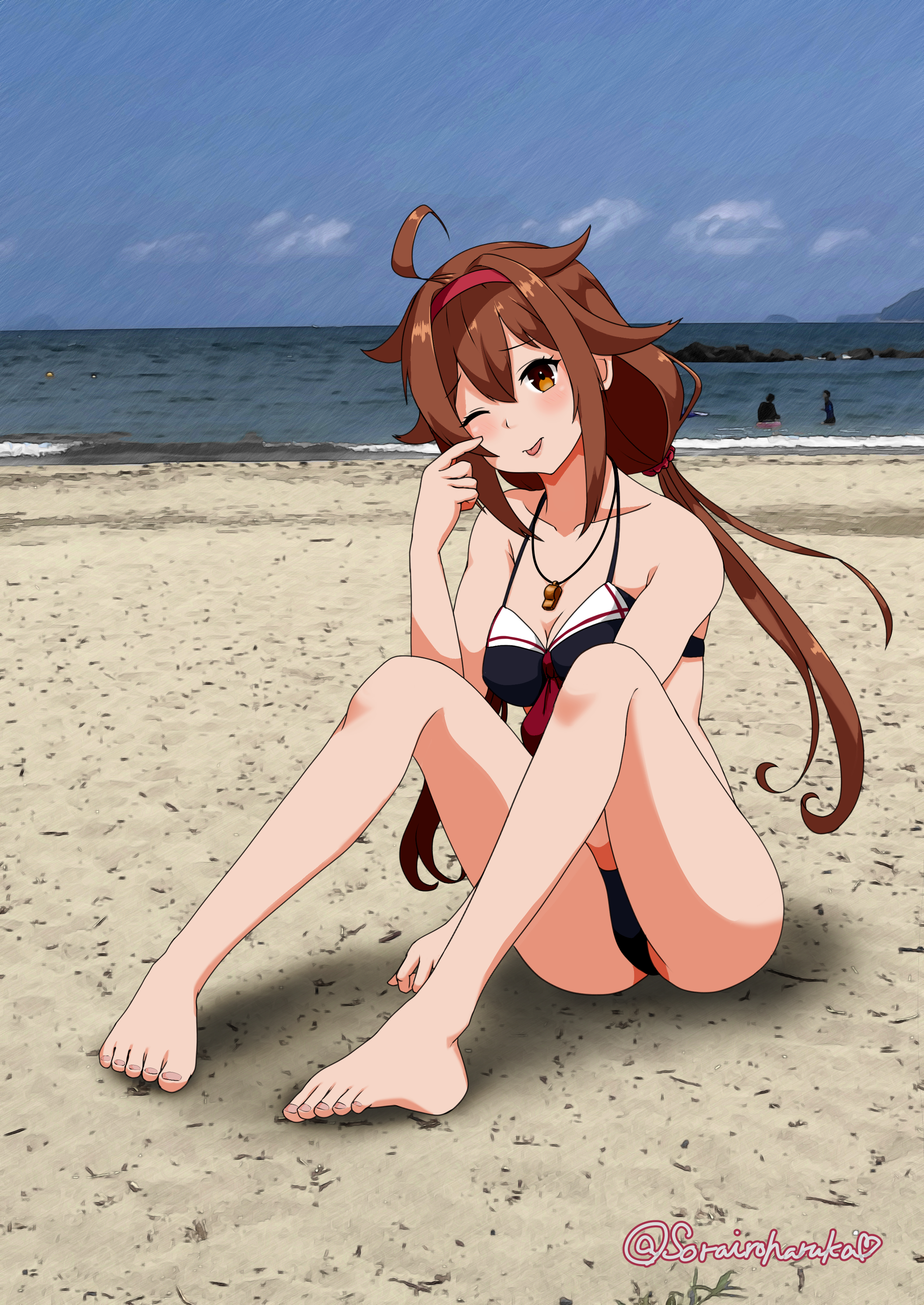 sorairo haruka, shiratsuyu (kancolle), shiratsuyu (swimsuit) (kancolle), shiratsuyu kai ni (kancolle), kantai collection, absurdres, highres, 1girl, ahoge, barefoot, beach, bikini, black bikini, blue sky, breasts, brown eyes, brown hair, cloud, day, front-tie bikini top, front-tie top, hairband, horizon, low twintails, medium breasts, ocean, outdoors, red hairband, sailor bikini, sailor collar, sky, smile, solo, swimsuit, tongue, tongue out, twintails, whistle, whistle around neck