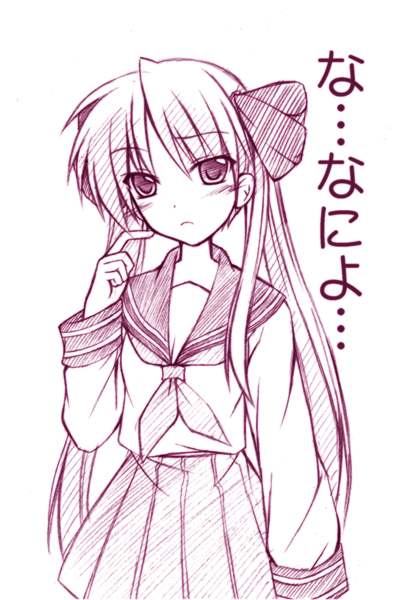 hiiragi kagami, lucky star, 00s, 1girl, female focus, hair ribbon, monochrome, ribbon, school uniform, serafuku, sketch, solo, twintails